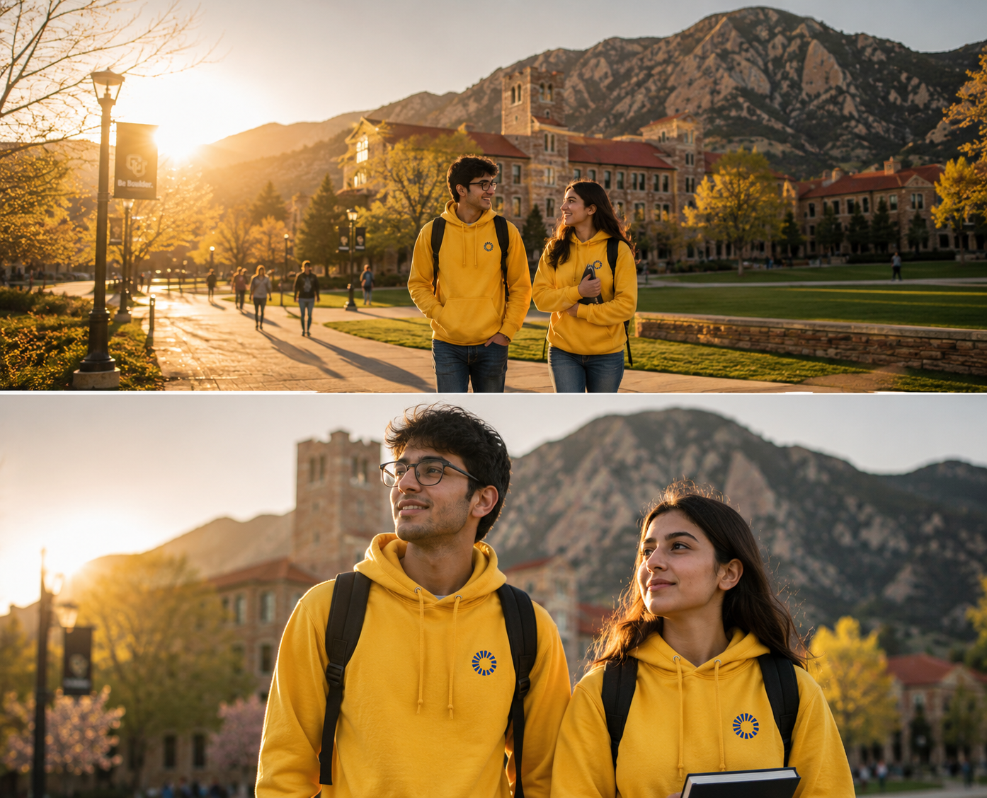 Two Indian students walking across a university campus in Collefy yellow hoodies