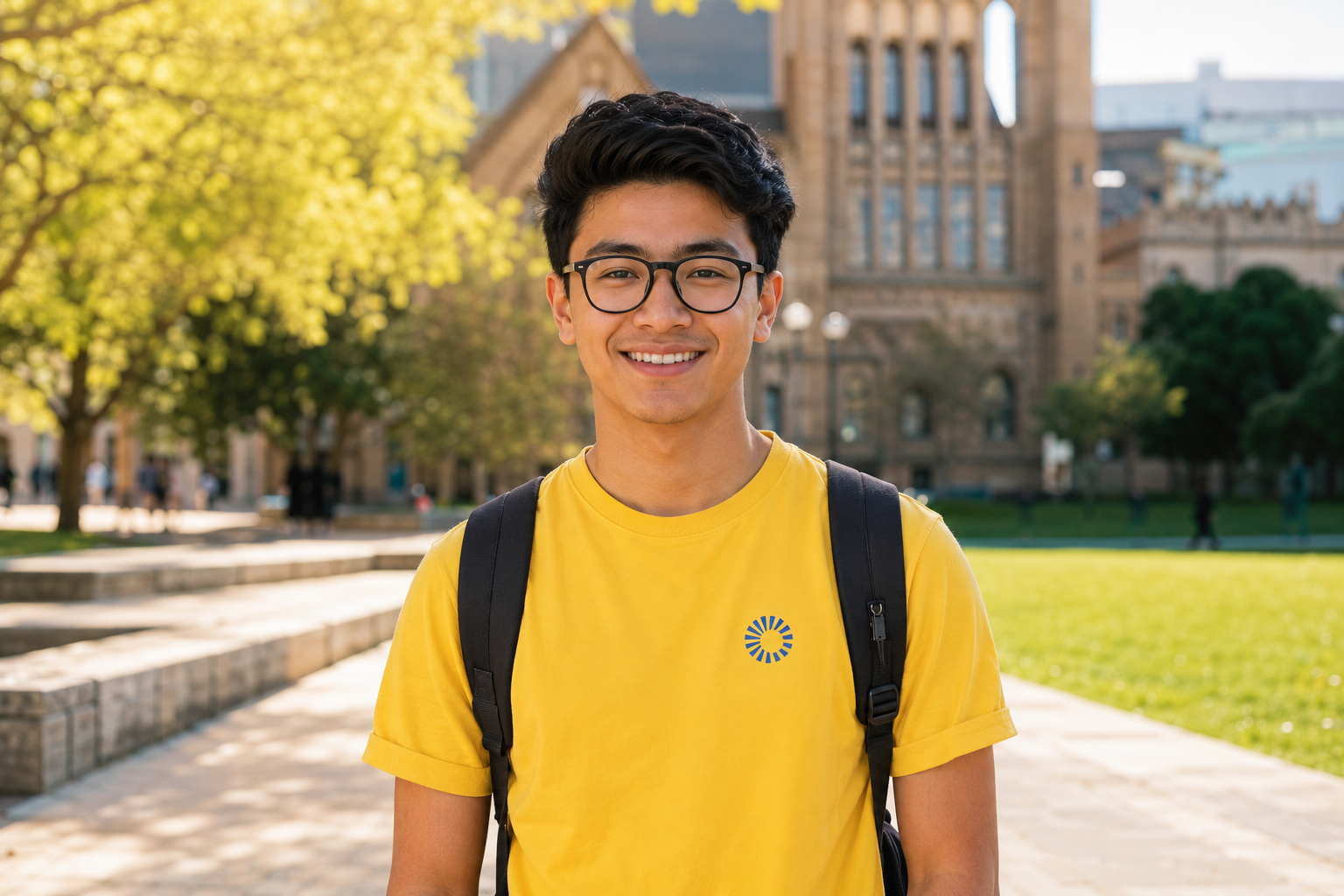 Indian student smiling on a university campus in a Collefy yellow T-shirt